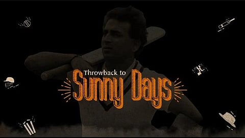 A background picture of Gavaskar with a bat and text throwback to sunny days in front.