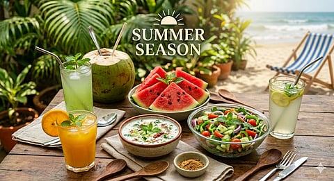  Cooling drinks like lime juice, orange juice, coconut water with curd raita, vegetable salad, watermelon, some spices, spoons and fork are placed on a table near a beach in front of a relaxing chair.