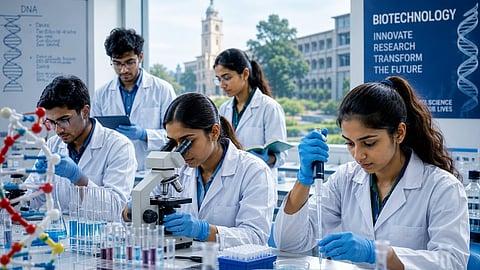 Students in white lab coats conduct biotechnology experiments using microscopes, pipettes, petri dishes, and DNA models inside a modern university laboratory with an academic campus background.