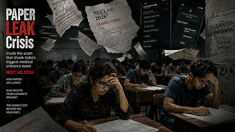 A cinematic editorial illustration of Indian medical aspirants sitting in an examination hall, answer sheets on desks, while torn exam papers and leaked documents float in the air.