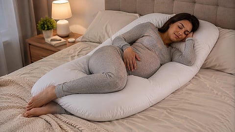 A woman sleeping with a pregnancy pillow.