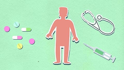 Illustration on a green background featuring a human silhouette, assorted pills, a stethoscope, and a syringe.