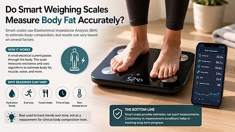 a person standing barefoot on a black smart weighing scale connected to a smartphone displaying body composition metrics such as body fat percentage, muscle mass, and body water.
