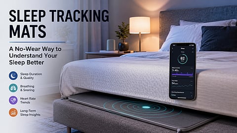 Sleep mat tracker under bed with mobile analytics and lamp at the corner.