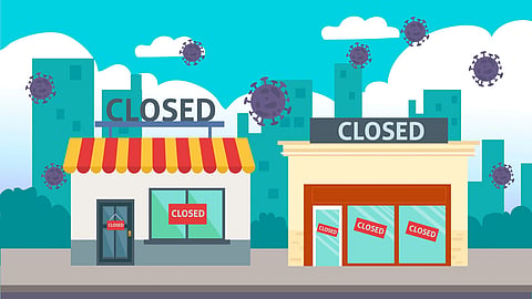 Illustration of two closed storefronts, with COVID-19 virus icons floating around.