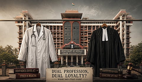 Illustration of the Kerala High Court with a doctor’s white coat beside an advocate gown