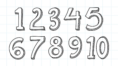 Hand-drawn numbers 1 to 10 in bold, sketch style on graph paper.