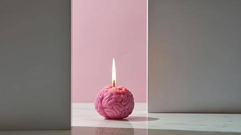 A pink brain-shaped candle sits on a marble surface against a soft pink background.