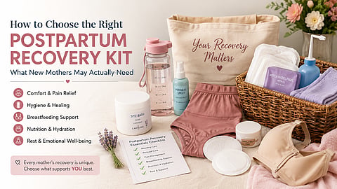 postpartum recovery essentials arranged on a cozy surface, including maternity pads, a peri bottle, nursing bra, nipple balm, cooling pads, comfortable underwear, and a recovery checklist, alongside the title “How to Choose the Right Postpartum Recovery Kit.”