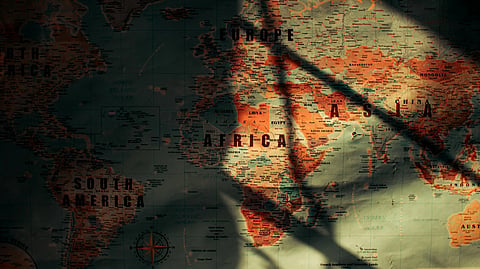 Shadowed world map focused on Africa symbolizing the spread and global health concerns surrounding the Ebola outbreak in Congo.