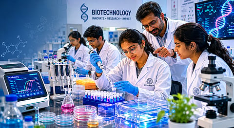 A cinematic biotechnology laboratory scene in India showing undergraduate biotechnology students in lab coats performing hands-on experiments & mentor scientist guiding students,