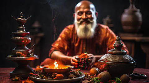 A Maharshi holding a bowl filled with medicines seated behind a table filled with ornate pottery, spices, and glowing vessels. A small flame burns in a shallow bowl at the center, casting orange light across the dark room while wisps of smoke rise into the air. 