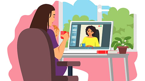 Patient and therapist talking at online video call communication via computer screen
