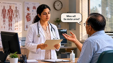 A doctor in a white coat holds a clipboard, listening attentively to a man asking about the doctor's arrival. Office setting with anatomical posters.