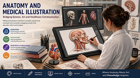 A medical illustrator works at a digital workstation creating a detailed anatomical illustration of the head and neck on a drawing tablet. Surrounding the workspace are anatomy textbooks, anatomical models, sketches, and computer screens displaying 3D anatomical structures. An infographic highlights the role of medical illustration in education, healthcare, research, publication, and technology. The scene represents
