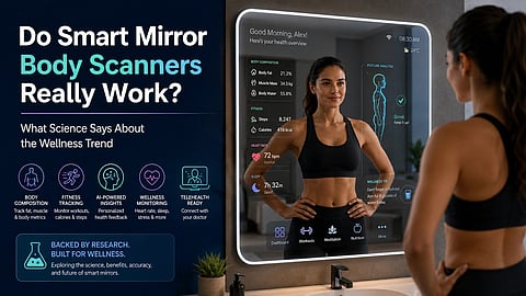 A poster for Smart mirrors and a girl looking at herself in the mirror with data displayed on the mirror.