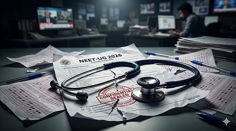 A stethoscope placed on top of a shattered examination paper sealed with a broken security stamp, scattered answer sheets around it.