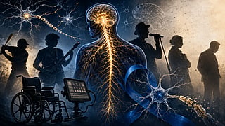 Illustration of motor neurons and symbolic public figures representing ALS awareness and its impact across sports, music, science, and advocacy.