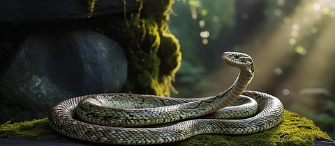 A snake rests on a moss-covered rock, blending into the natural surroundings of greenery and texture.
