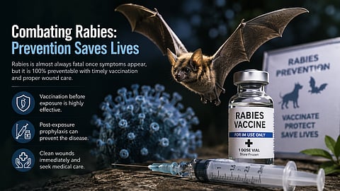 a bat in flight above a rabies vaccine vial and syringe, with a stylized rabies virus particle in the background.