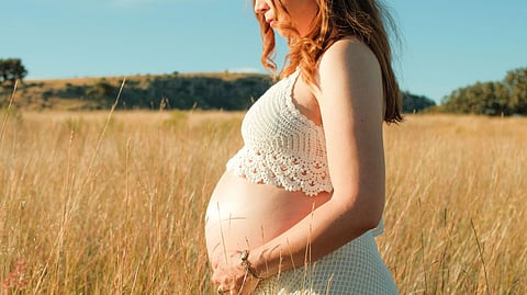 Pregnant woman in a field gently holding her belly in warm sunlight.