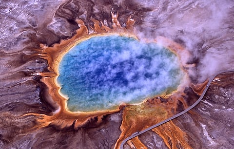 Aerial view of Grand Prismatic Spring, Yellowstone, the habitat of Thermus aquaticus, source of Taq polymerase used in PCR