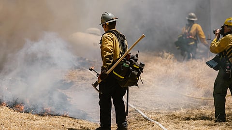 Firefighters use a hose to put out a blaze in the field.