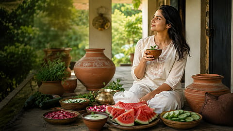 Indian woman relaxing indoors with Ayurvedic cooling foods and earthen pots during summer.