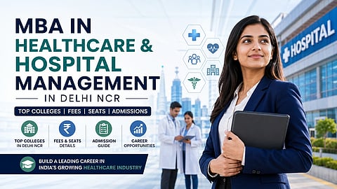 A wman holding a laptop and details in text about MBA in healthcare.