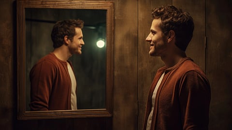 A man gazes at his reflection in a mirror.