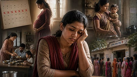 An image illustrating the causes of anemia in Indian women, showing a fatigued woman surrounded by scenes of pregnancy, serving family meals, childcare, and a rural primary health center queue.