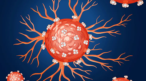 Illustration of orange, spherical virus-like structures with branching spikes on a dark blue background.