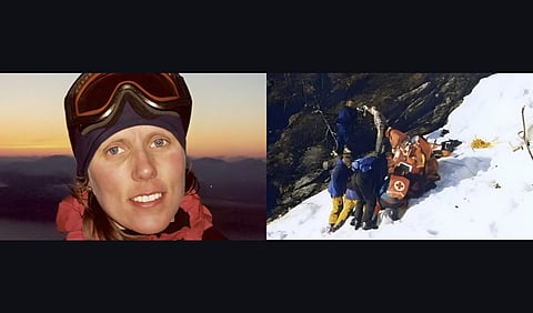 Dr. Anna Bågenholm wearing ski goggles and her rescue

