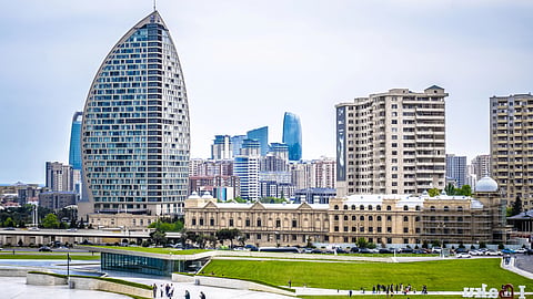 Many buidings in the city of Baku in Azerbaijan.