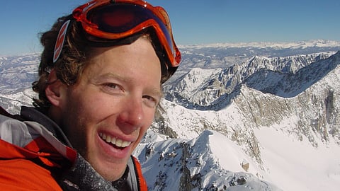 Self-portrait of American mountaineer Aron Ralston on the 14,137-foot-high summit of Capitol Peak, in Pitkin County, Colorado, USA, on February 7th, 2003.