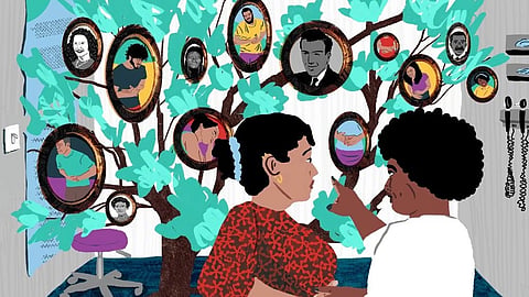An illustration shows a doctor and patient standing near a family tree mural.