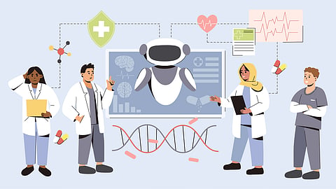 A group of doctors and a robot discuss medical data on a computer screen.