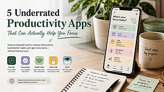 Poster with phone, mug, notebook and checklist.