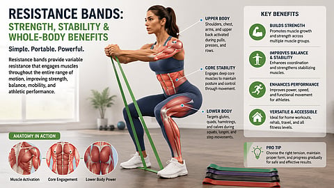 Resistance bands provide variable resistance that engages major muscle groups and stabilizing muscles, making them an effective tool for strength training, rehabilitation, and functional fitness.