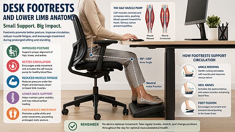 A desk footrest supports the feet, promotes healthy lower-limb alignment, and may enhance circulation by encouraging subtle ankle and calf muscle movements during prolonged sitting.