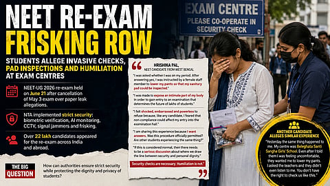 Text on poster with a woman being frisked by a security woman.