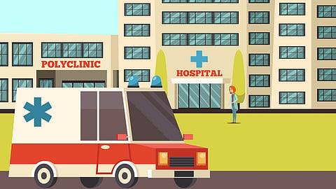 Illustration of a hospital with an ambulance outside and a person standing near the entrance.