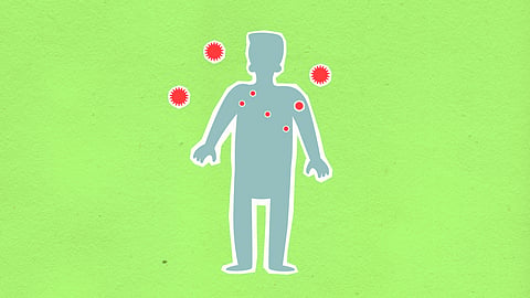 An illustration featuring a stylized, grey human silhouette outlined in white against a bright green background. 