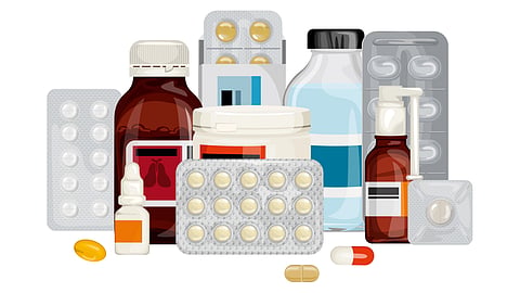 A mix of medicines like pills, blister packs, and liquid bottles in a pharmaceutical setting.