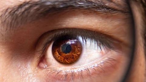 Close-up of a human eye with a detailed golden-brown iris and dark pupil.