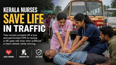 A poster with 2 nurses giving CPR to a man, and a bus behind, and text on the left.