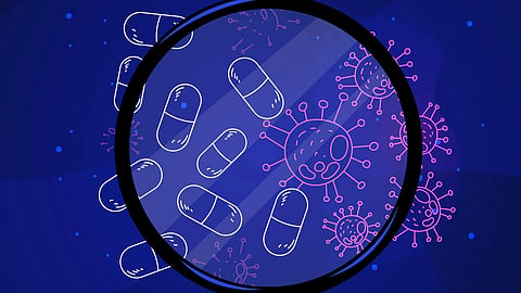 Illustration of pills and germs under a magnifying glass.