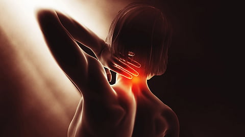 Abstract 3D image of a person holding the back of their neck.