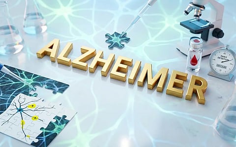 Illustration of Alzheimer's research concept with a blood sample vial, microscope, and neuron imagery