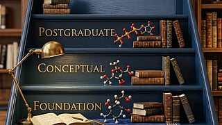 Stacked bookshelf staircase illustrating tiered biochemistry book recommendations for MBBS students foundation, conceptual, and postgraduate levels